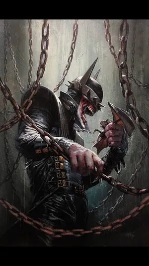The Batman Who Laughs - The Darkest Knight

Chains hanging around a man who seems infected with a virus with a bat on one hand and the other on one of the hanging chains. 