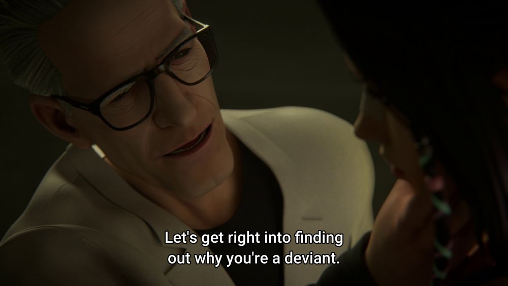 A CGI character in a white lab coat, clearly modeled on David Cronenberg, stroking Elle's cheek in a sinister fashion. He's saying "Let's get right into finding out why you're a deviant."