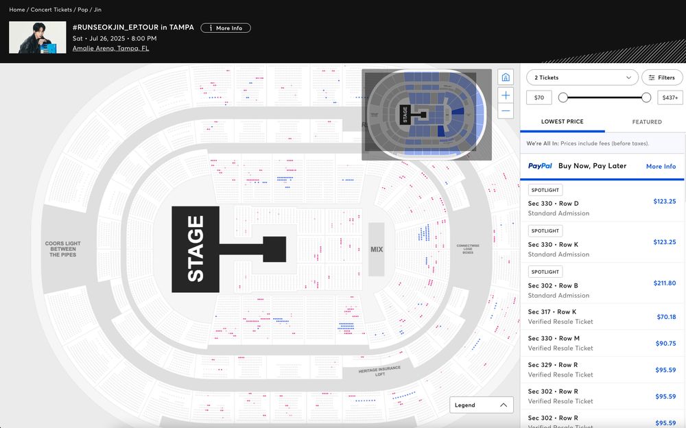 Screenshot of tickets available for Jin's concert in Tampa day 1