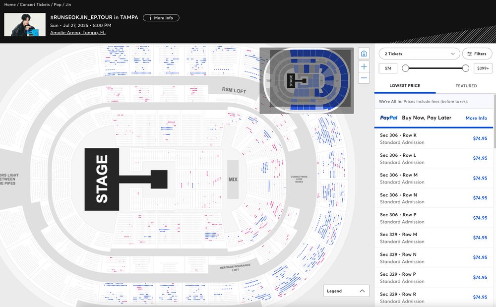 Screenshot of tickets available for Jin's concert in Tampa day 2