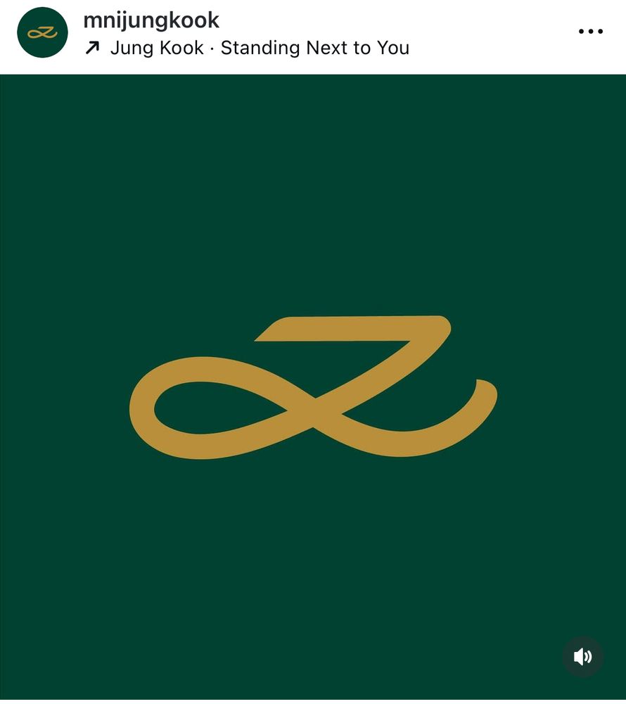 A screenshot of Jung Kook’s IG post, the green background with a golden logo set to the music of “Standing NeXT To You”