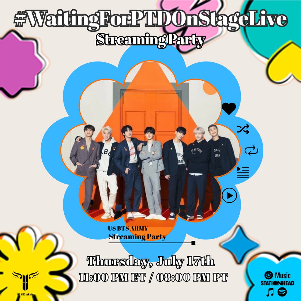 A BTS Permission To Dance themed party invitation for the Waiting for PTD On Stage Live album streaming party, July 17th at 11pm eastern, 8pm pacific. An inset of the BTS members is at the center of the graphic, the image of the 7 members standing in front of a orange panel, from the original PTD promotions.