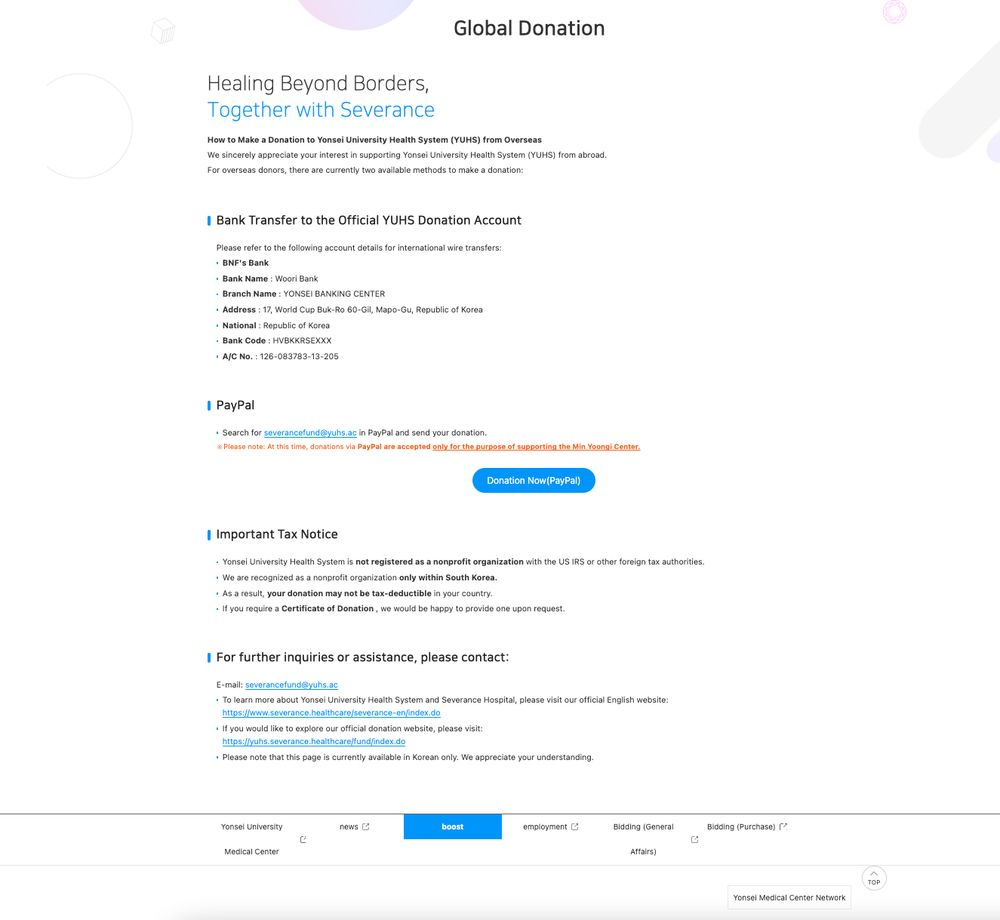 Screenshot of the Severance Global Donation website, including a paypal link for the Min Yoongi Center