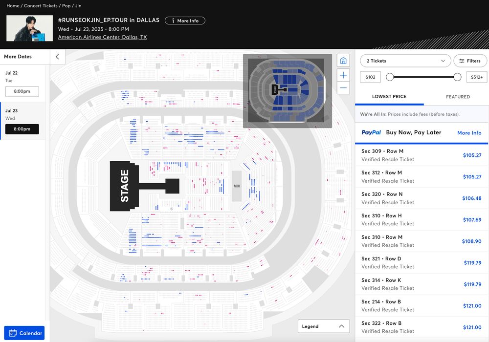 Ticketmaster seats available for Jin's concert in Dallas for July 23rd