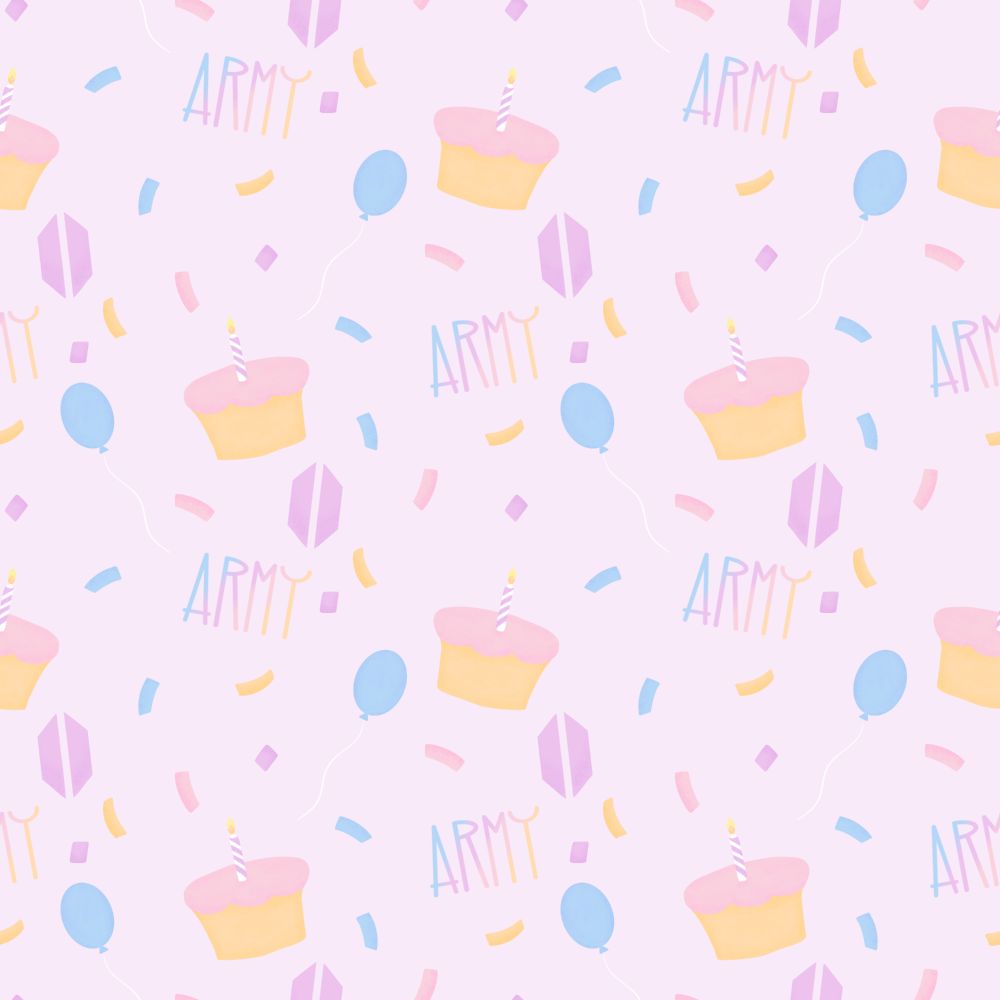 A larger print of the other image, pale pink wallpaper with birthday cupcakes and confetti, including BTS ARMY logos and baloons, with shades of pink, yellow, and blue.