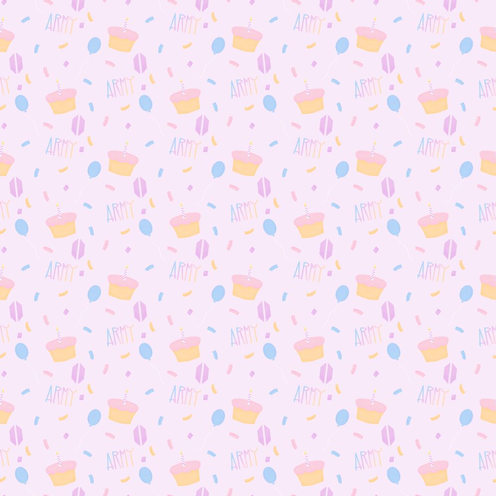 pale pink wallpaper with birthday cupcakes and confetti, including BTS ARMY logos, with shades of pink, yellow, and blue.