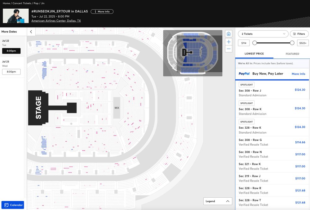 Ticketmaster seating chart for Jin in Dallas on July 22, 2025