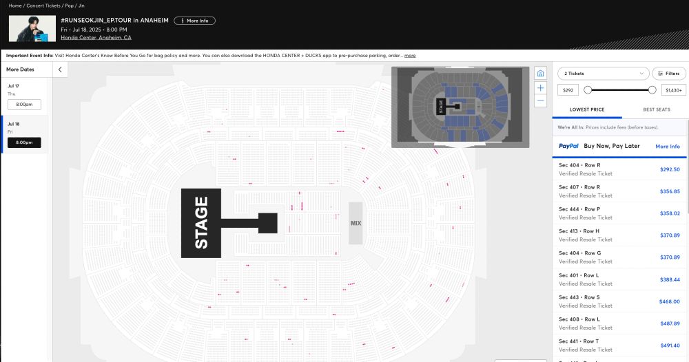 screenshot of a ticketmaster website for day 2 of Jin in Anaheim