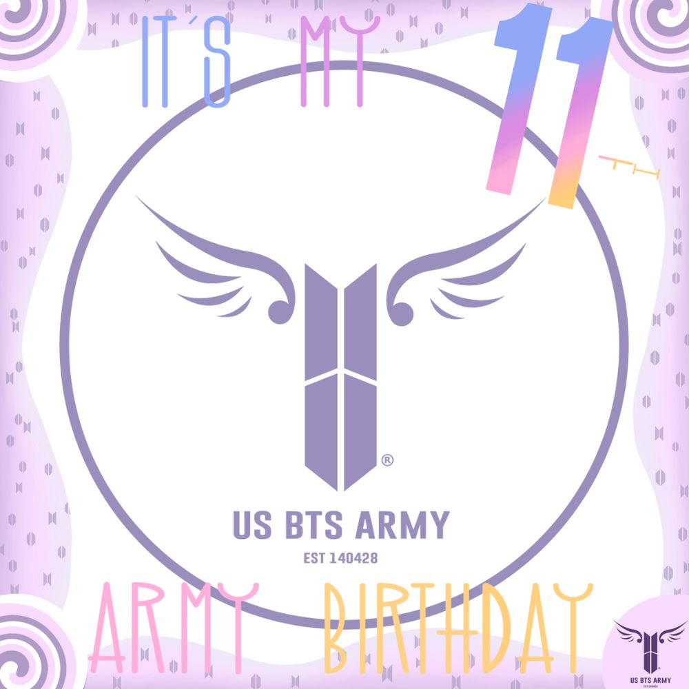 a frame of shades of purple with swirls on 3 corners and the US BTS ARMY logo in the other. THe US BTS ARMY logo with circle and established date of April 28, 2014 at the center of the frame with colorful text reading "It's My 11th ARMY Birthday"
