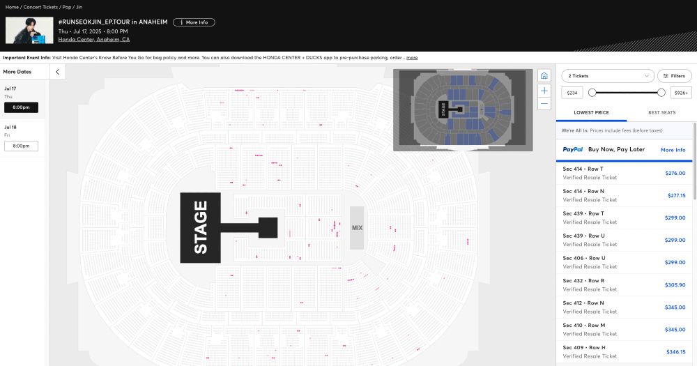 screenshot of a ticketmaster website for day 1 of Jin in Anaheim