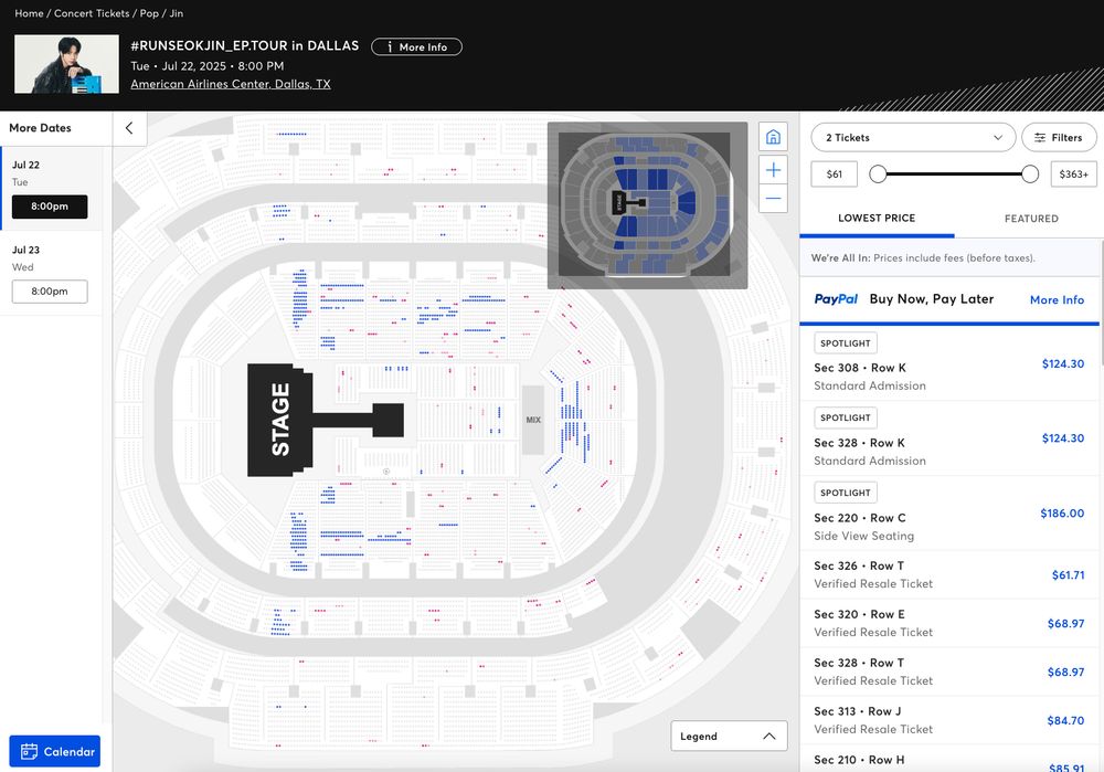 Ticketmaster seats available for Jin's concert in Dallas for July 22nd