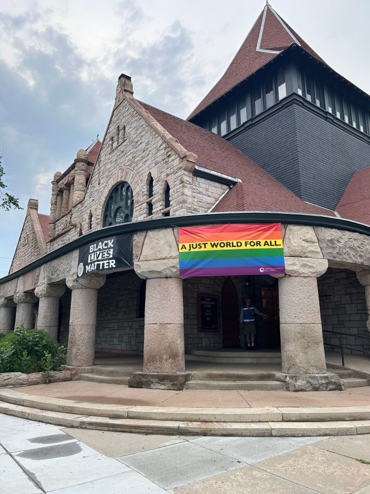 church with BLM and pride flag
