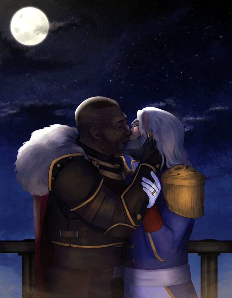 A digital painting of Solomorne Anthar, a companion from the game Warhammer 40,000: Rogue Trader, and the user's Rogue Trader character kissing undernath the moonlight.