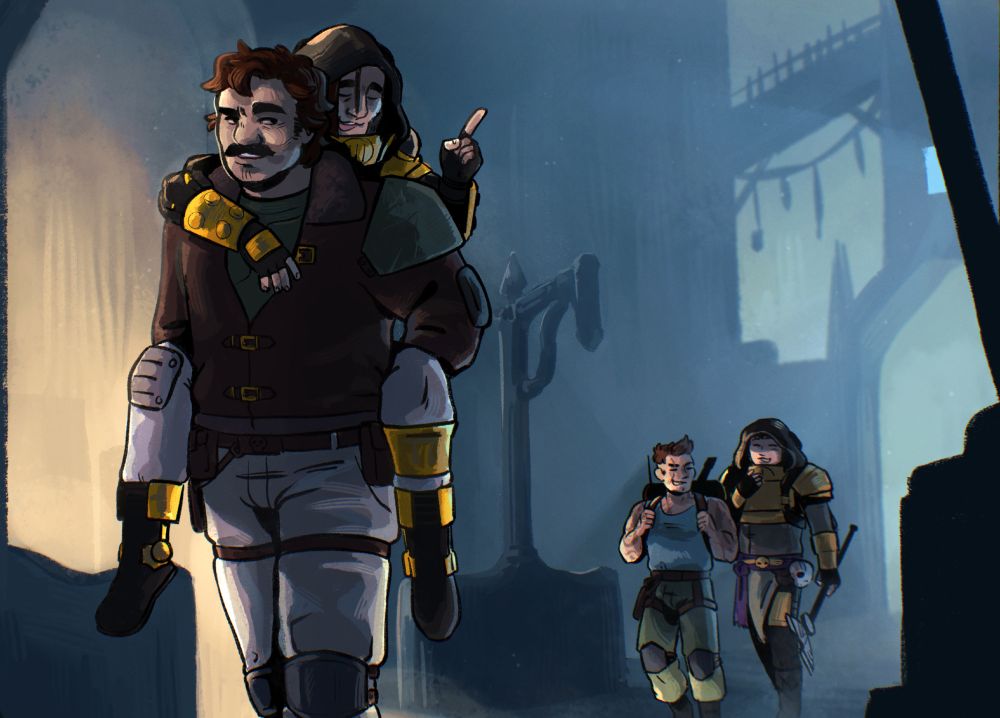 A digital drawing of 4 darktide characters. Two are closer to the front, a man carrying another piggy back. Farther back the other two characters are chatting. The background is painted in blue hues and represent a small section as one would see in the video game.