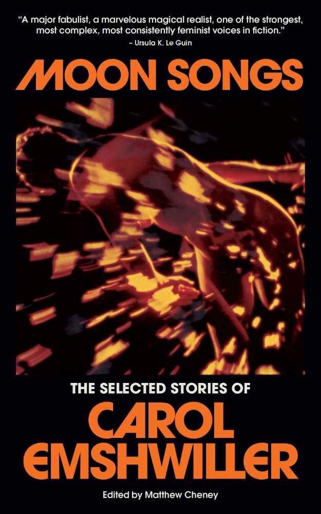 Cover of MOON SONGS. Black background, orange lettering. Spacey orange & black image in center of a body maybe being launched into hyperspace or something. Pretty cool. You'll like this book!