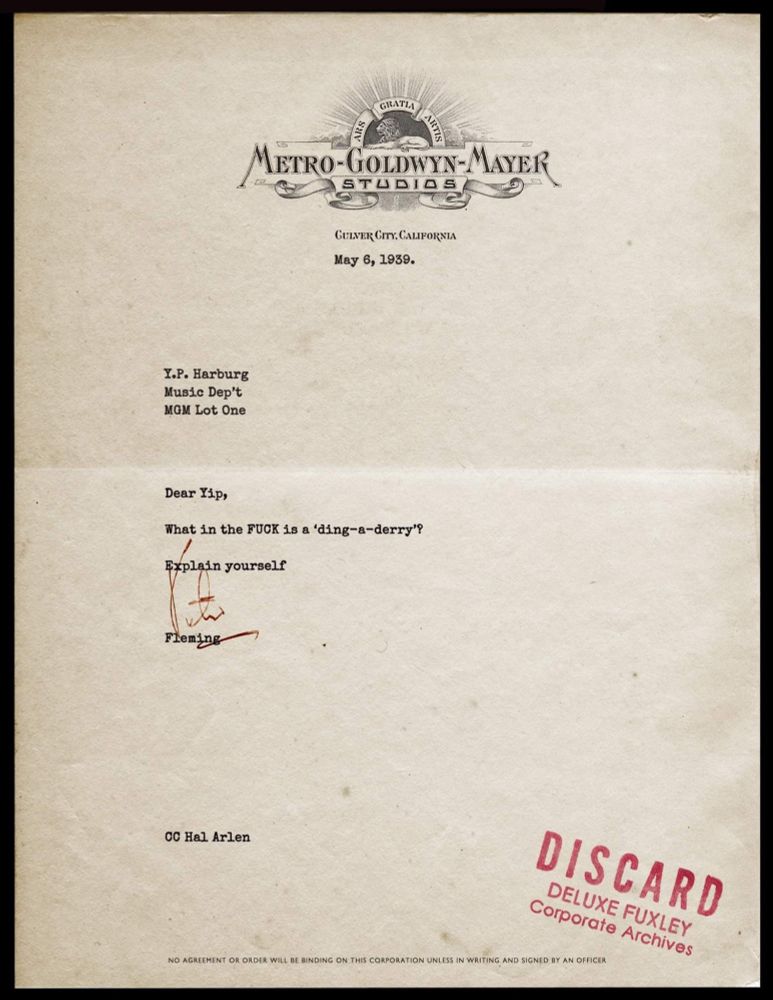 A vintage letter dated 6 May 1939 on MGM studios stationary reading, "Dear Yip, what in the FUCK is a ding-a-derry, explain yourself, Fleming"