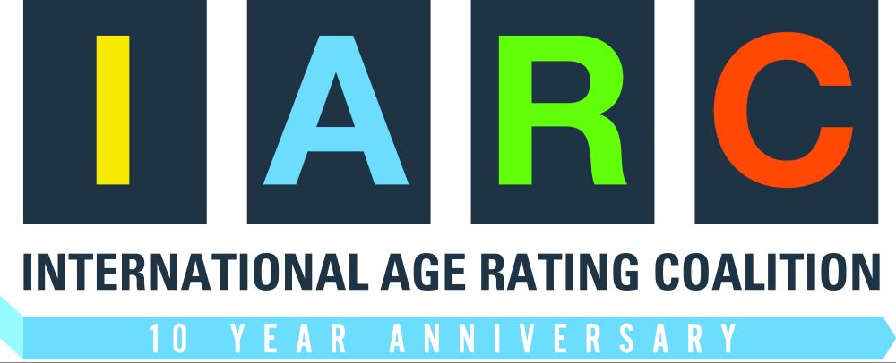 This is the logo for the International Age Rating Coalition - also known as IARC - with a ribbon underneath that reads "10 year anniversary".