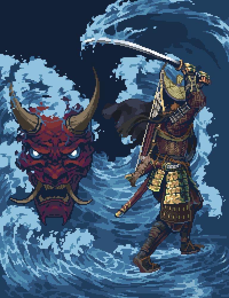 Samurai holding katana overhead wearing ornate detailed armor facing away from the view with crashing waves of water swirling around their feet and up around a large oni mask behind the samurai