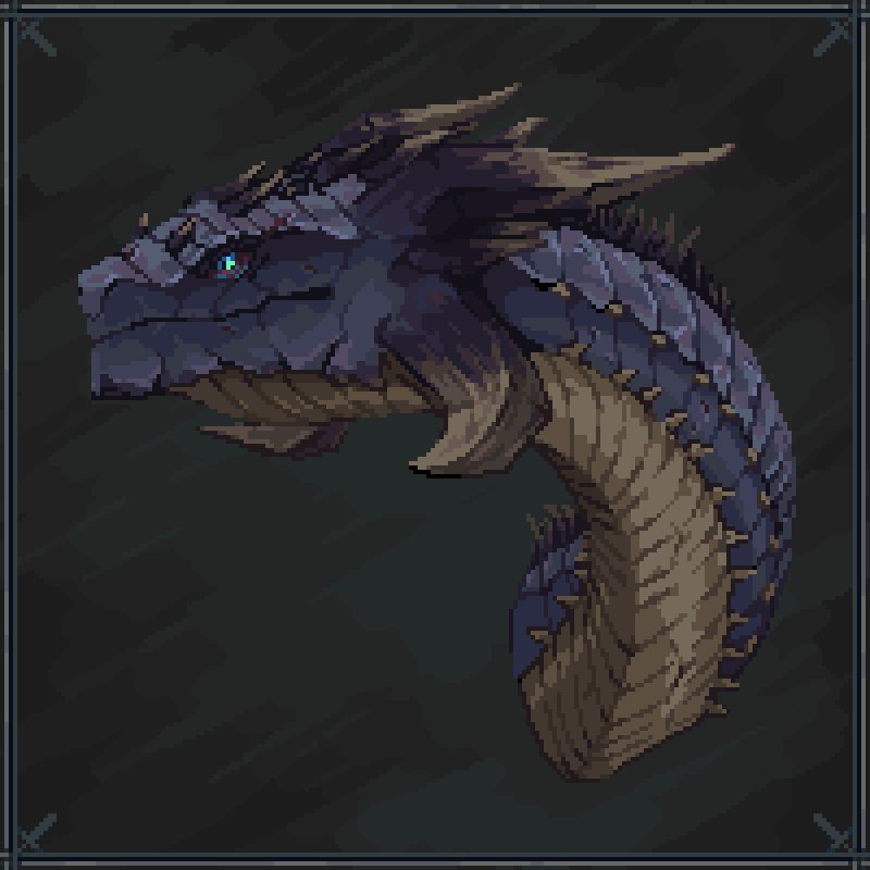 Thick, hard scaled dragon head and neck with horns protruding out staring to the left of the screen