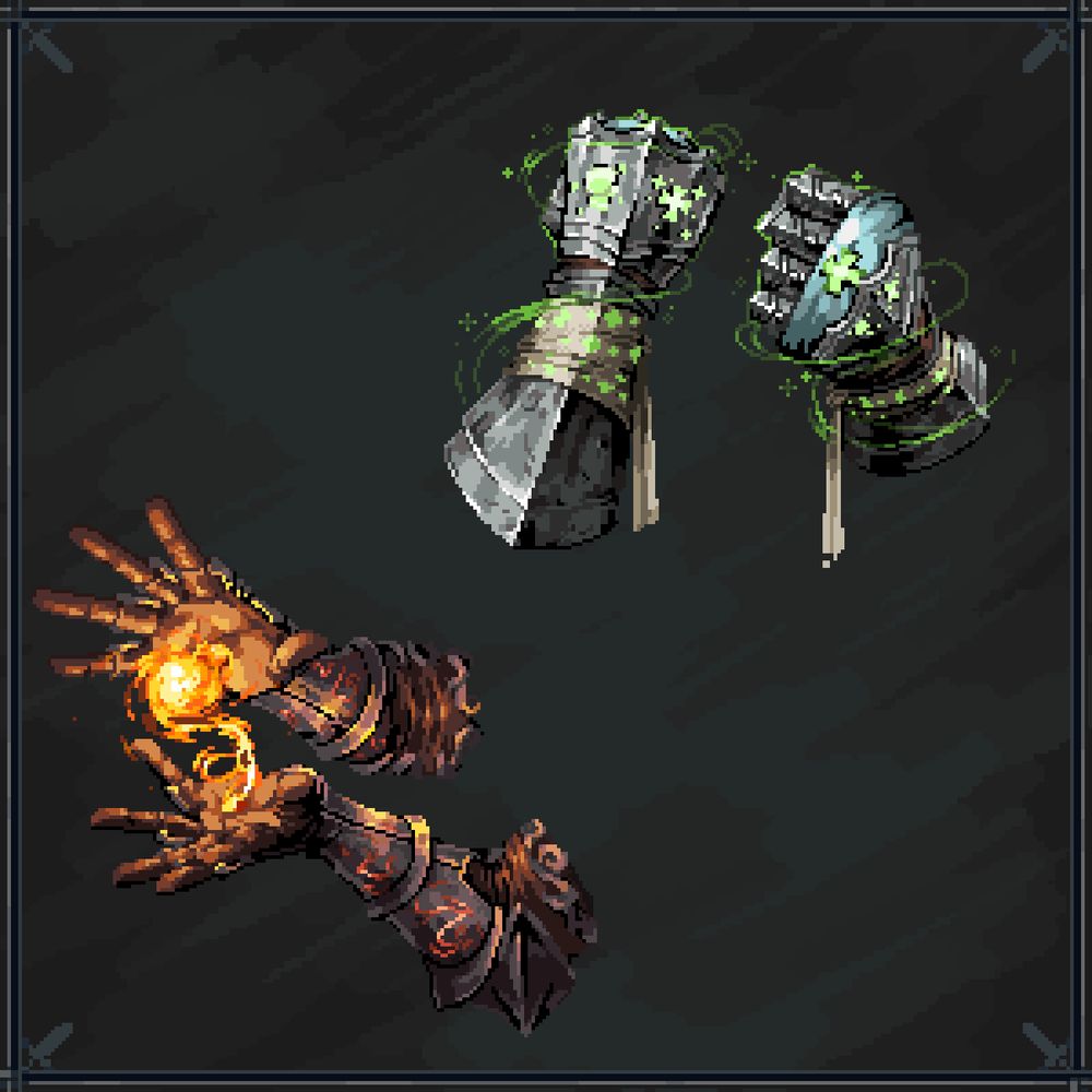 Two pairs of magical gauntlets, one lighter one that is focused on healing and another darker colored offensive set that is focused on firepower