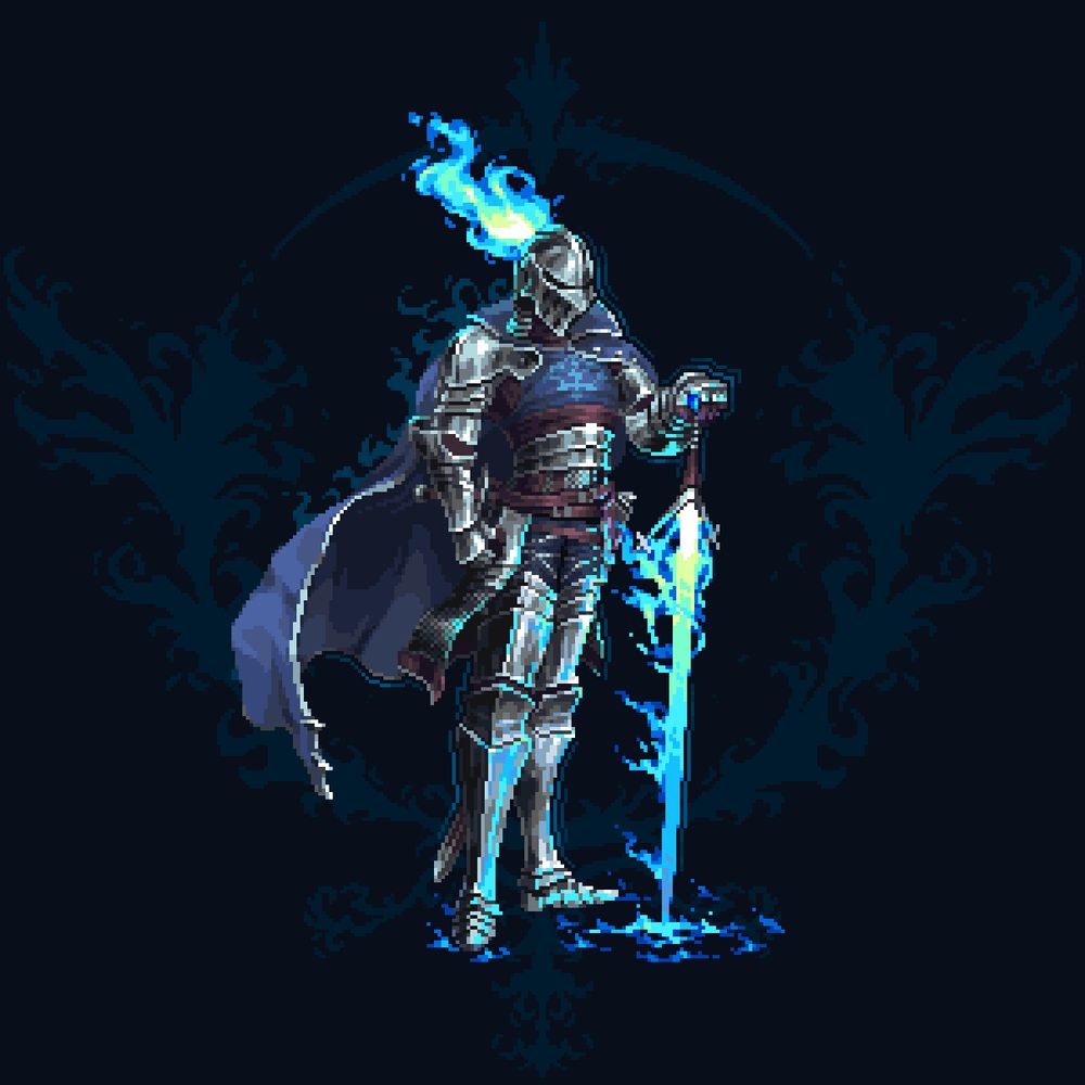Knight standing tall with a long cape, flames billowing from the plume of the helmet, holding a flaming sword which stands with it's tip to the ground and pommel in his hand.