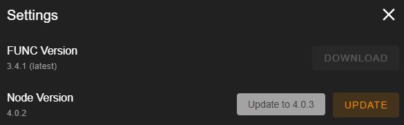 Settings: showing Node update available