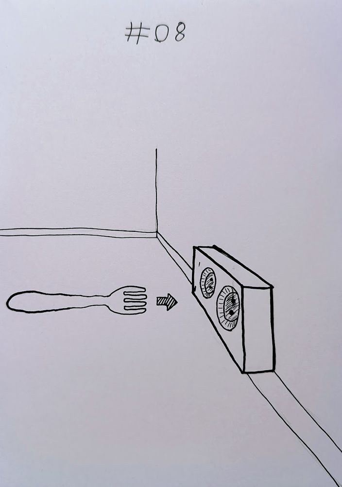 An ink drawing of a fork going towards an electrical outlet