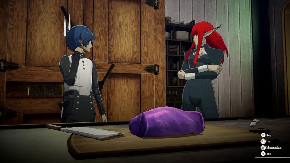 The protagonist and Hulkerberg stand before a slab of purple meat on a cutting board.