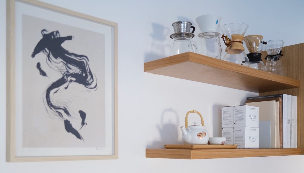 Coffee and tea gear on shelves