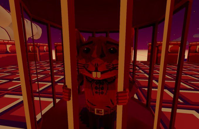 A little low poly humanoid mouse in a cage atop a castle in the clouds