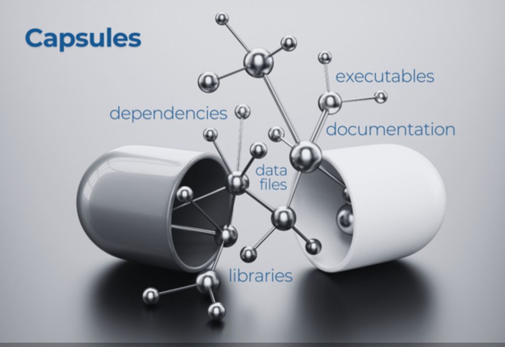 Image of pill capsule with molecules pouring out made up of elements included in SBGrid software capsules: dependencies, executables, data files, libraries, and executables