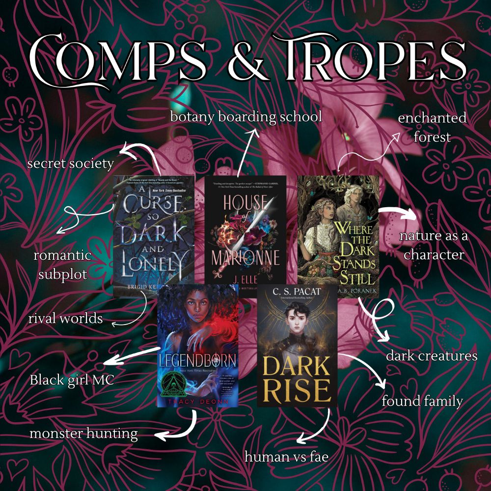 COMPS & TROPES
-Where the Dark Stands Still by A.B. Poranek: enchanted forest, nature as a character
-House of Marionne by J. Elle: magic boarding school
-Legendborn by Tracy Deonn:  Black girl magic, monster hunting
-Dark Rise by C.S. Pacat: found family, human vs. fae
-A Curse So Dark And Lonely by Brigid Kemmerer: secret society, romantic subplot, rival worlds