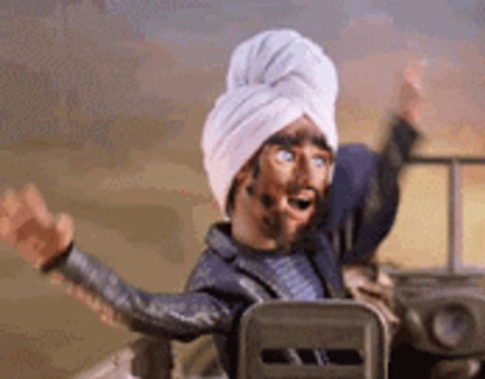 a cartoon character is wearing a turban and waving while driving a car .