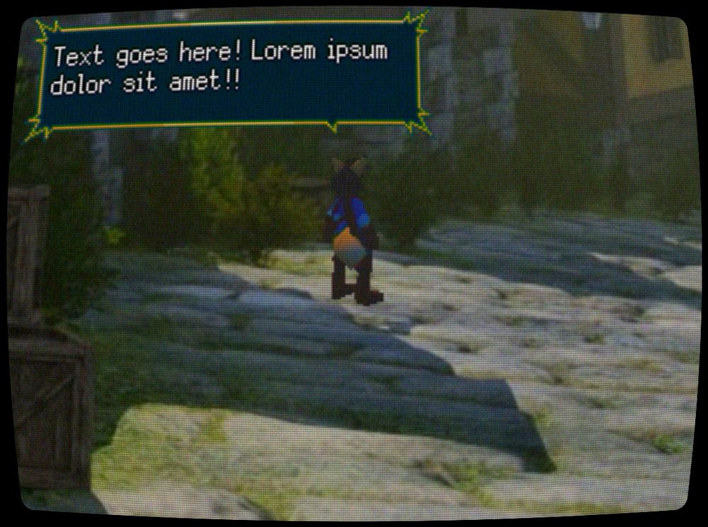 Screenshot of Foxblade Fable. Leigh stands in the middle of a town street. A speech bubble is visible above him, with spiny corners as if to indicate shouting. The text says "Text goes here! Lorem ipsum dolor sit amet!!"