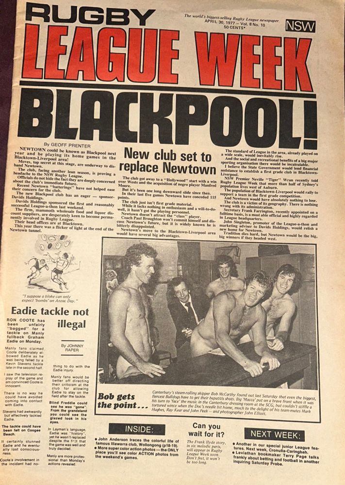 An article from Rugby League Week in 1977, proposing struggling foundation club Newtown be replaced by a club in the “Blacktown-Liverpool area” called “Blackpool”. The headline simply reads “Blackpool!”
