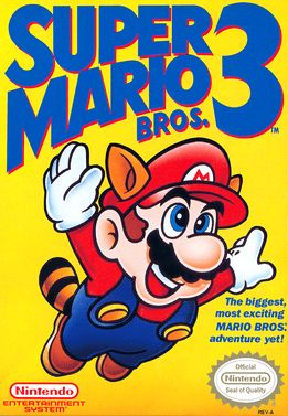 The cover for Super Mario Bros. 3 for the Nintendo Entertainment system. The background is yellow, with bold text "Super Mario Bros. 3" in blue at the top with red drop shadow. Mario is dressed in his typical blue overalls, red shirt, brown boots, and white gloves. He's also sporting a raccoon tail and ears and appears to be flying (or diving). Underneath his left arm, the caption reads "The biggest, most exciting Mario Bros. adventure yet!" Below that is the Official Nintendo Seal of Quality.