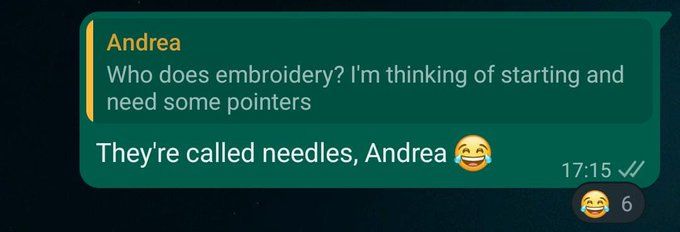 A conversation in a WhatsApp group chat

Andrea: Who does embroidery? I'm thinking of starting and need some pointers

Me: They're called needles, Andrea 😂