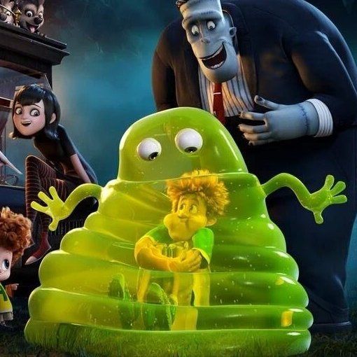 Characters from (I think) Hotel Transylvania - a fluorescent yellow jelly thing with a human inside it and somehow the combination weirdly resembles my puffa jacket in the other image