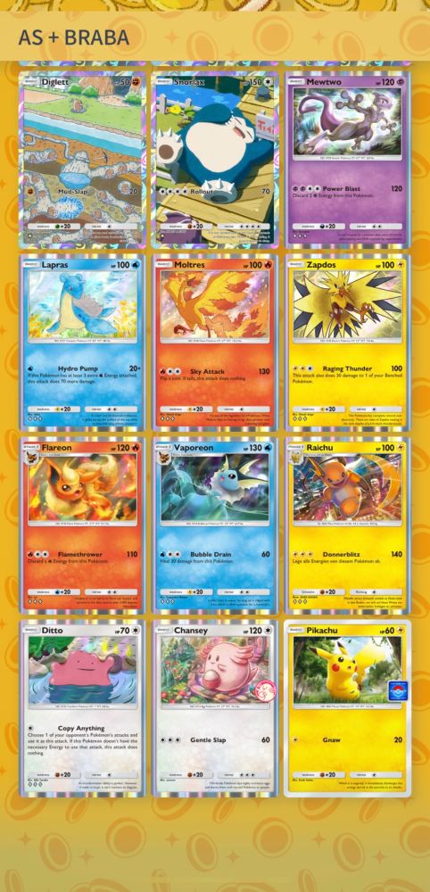 Diglett AR, Snorlax AR, Mewtwo (foil), Lapras (foil), Moltres (foil), Zapdos (foil), Flareon (foil), Vaporeon (foil), Raichu (foil), Ditto (foil), Chansey (foil), Pikachu (event card).
