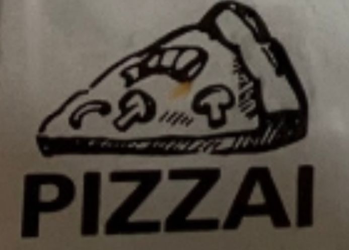 AI-generated black and white illustration of a slice of pizza with 2 mushrooms and a shrimp as toppings. Text underneath reads "Pizzai" 