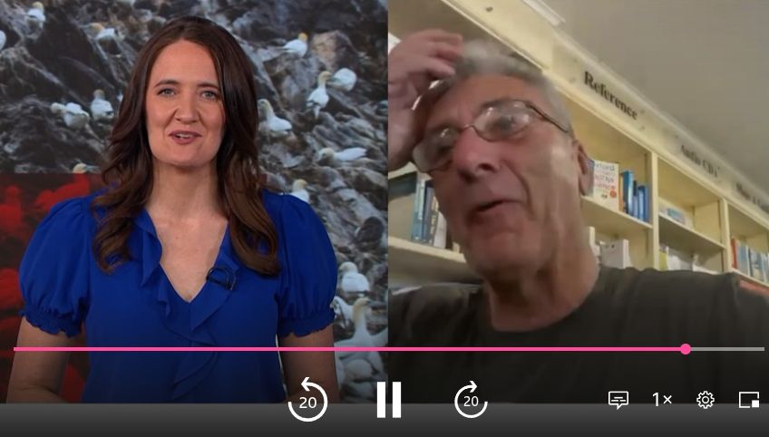 Screenshot with a smiling female presenter on the left with a backdrop of gannets on cliffs, and a laughing man with a backdrop of bookshelves on the right