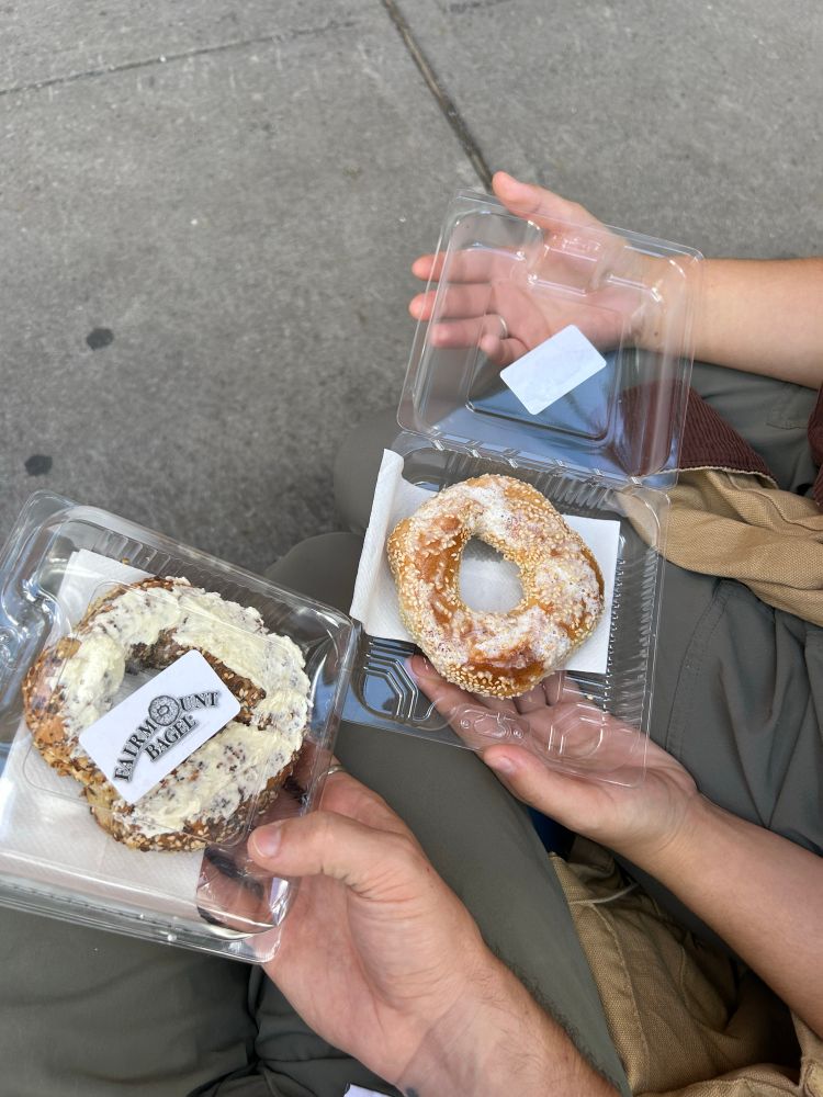 My partner and I comparing our Fairmount bagels, one of the two most famous spots in Montreal. We are agog at the butter applied atop the unsliced, untoasted bagels, and I am enjoying my “everything” bagel’s local name of “all dressed”.