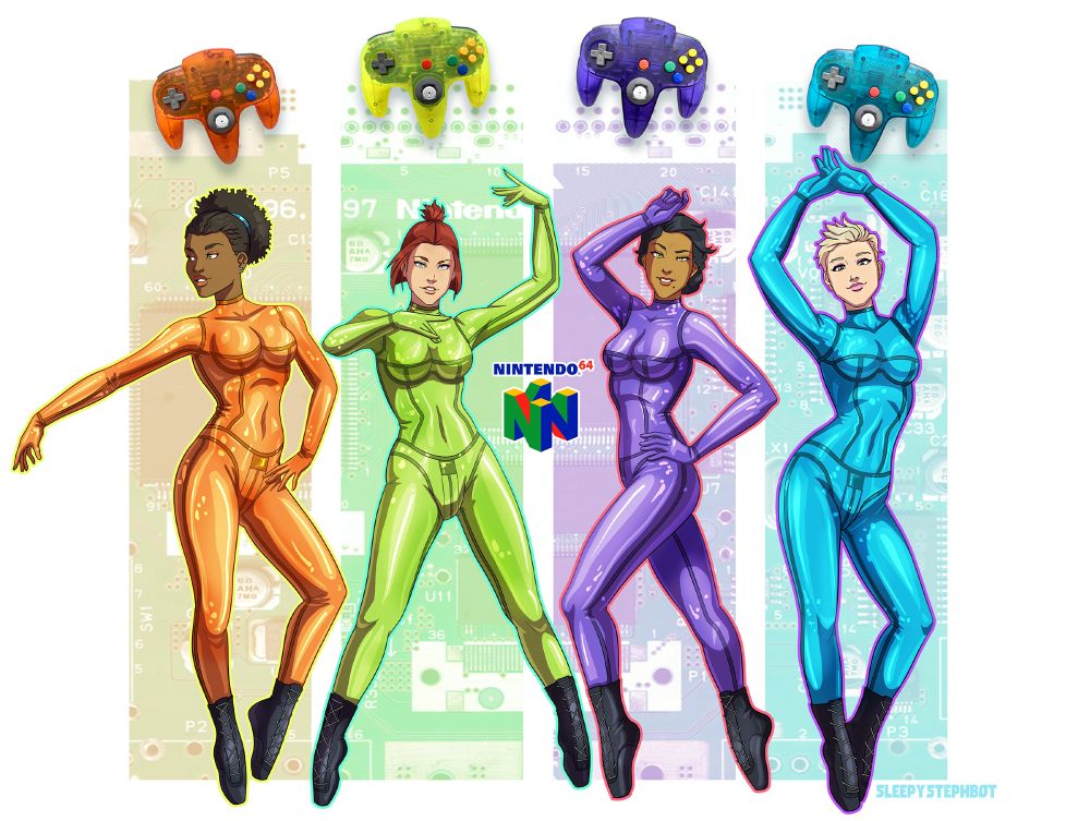 4 characters wearing transparent latex catsuits that match the transparent nintendo64 controller colors.