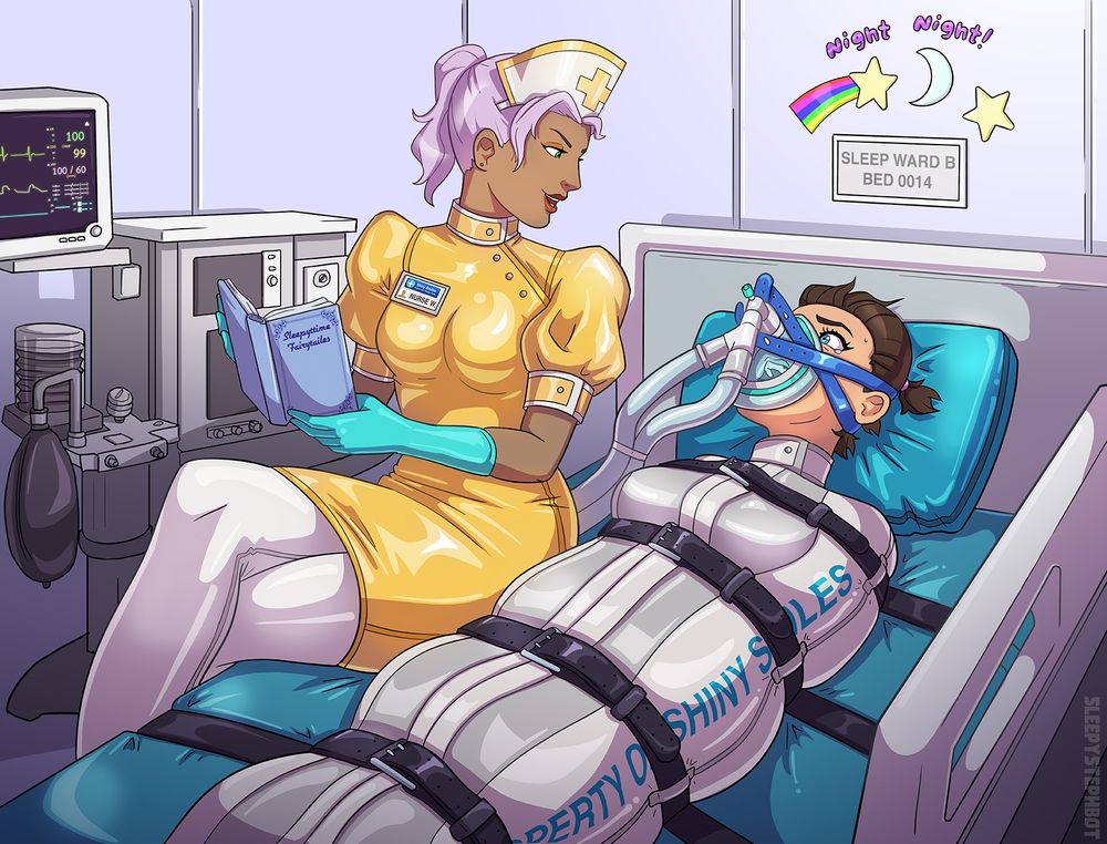 A nurse in latex uniform reading a bedtime story to a patient being anesthetized while bound in a rubber sleepsack and strapped to the bed