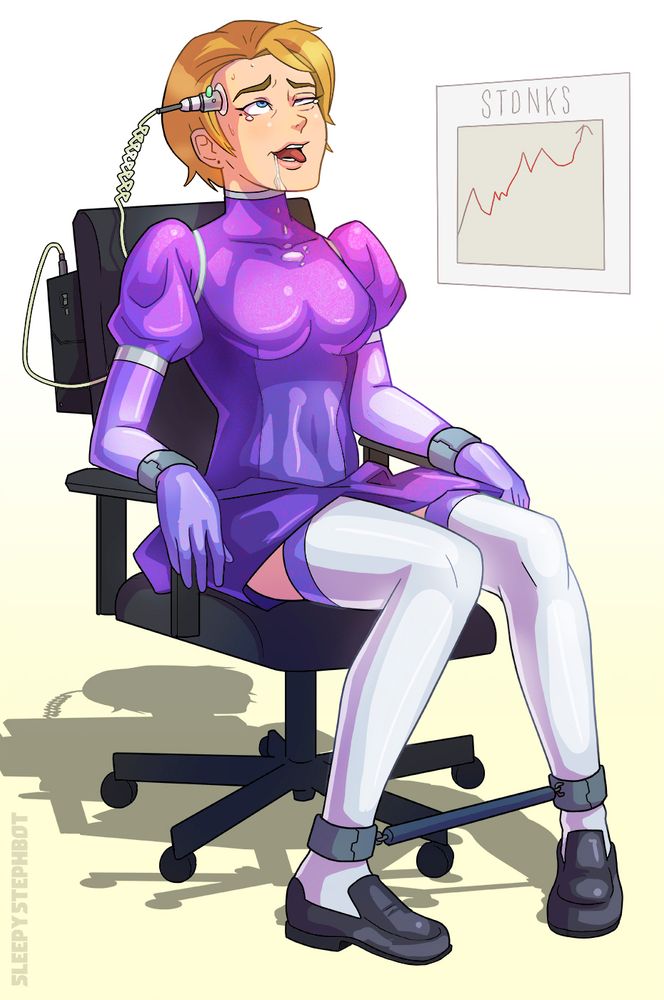 A woman restrained to an office chair with a brainwashing electrode plugged into her forehead, in the background there's a chart showing STONKS GO UP