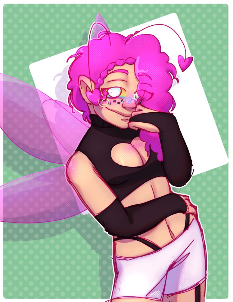 sinsly's character with his arm wrapped around his waist, hand to his face, grinning