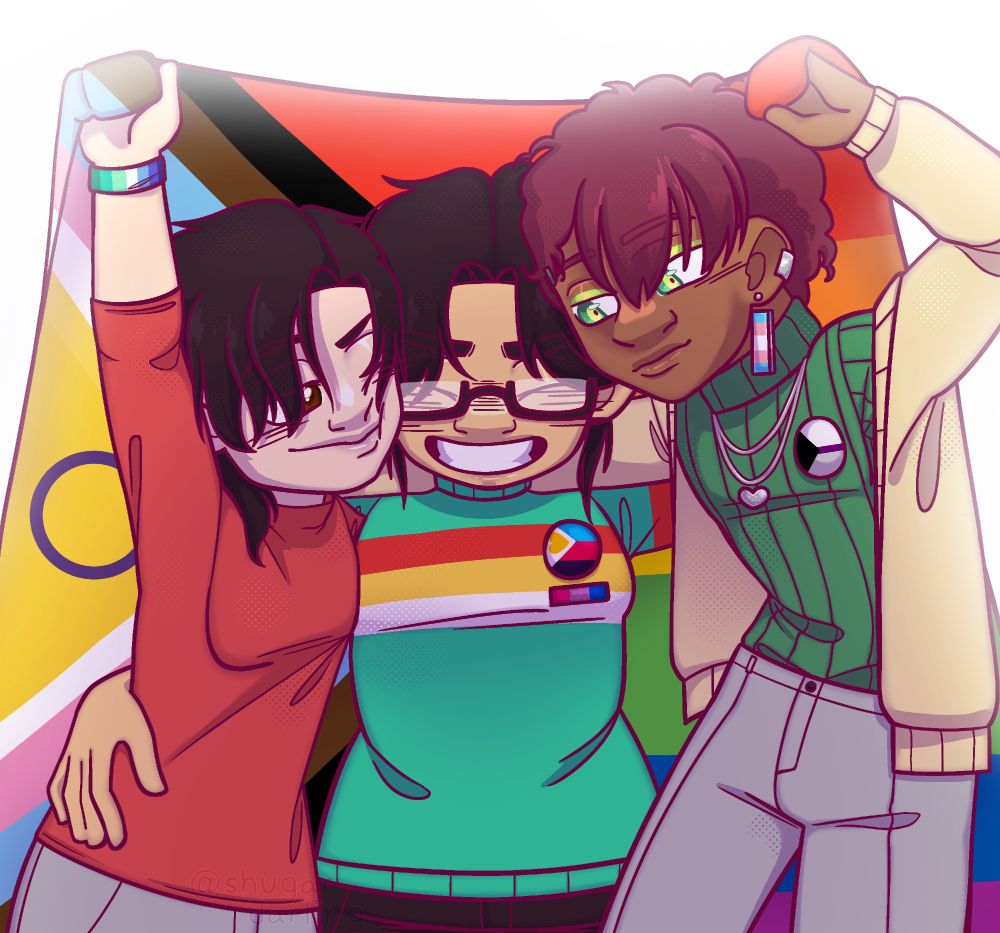 Three of my oc's arms over each others shoulders, holding a pride flag up behind them. They all have accessories with their flags. (left-gay, middle-poly and bi, right-trans and demi)