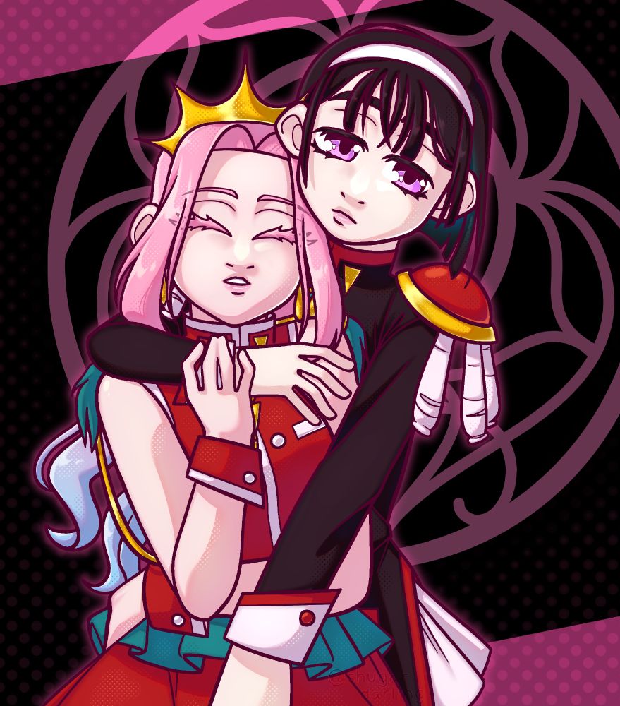 mizi dressed as anthy and sua dressed as utena. sua is holding mizi in her arms like in some cover art for revolutionary girl utena.