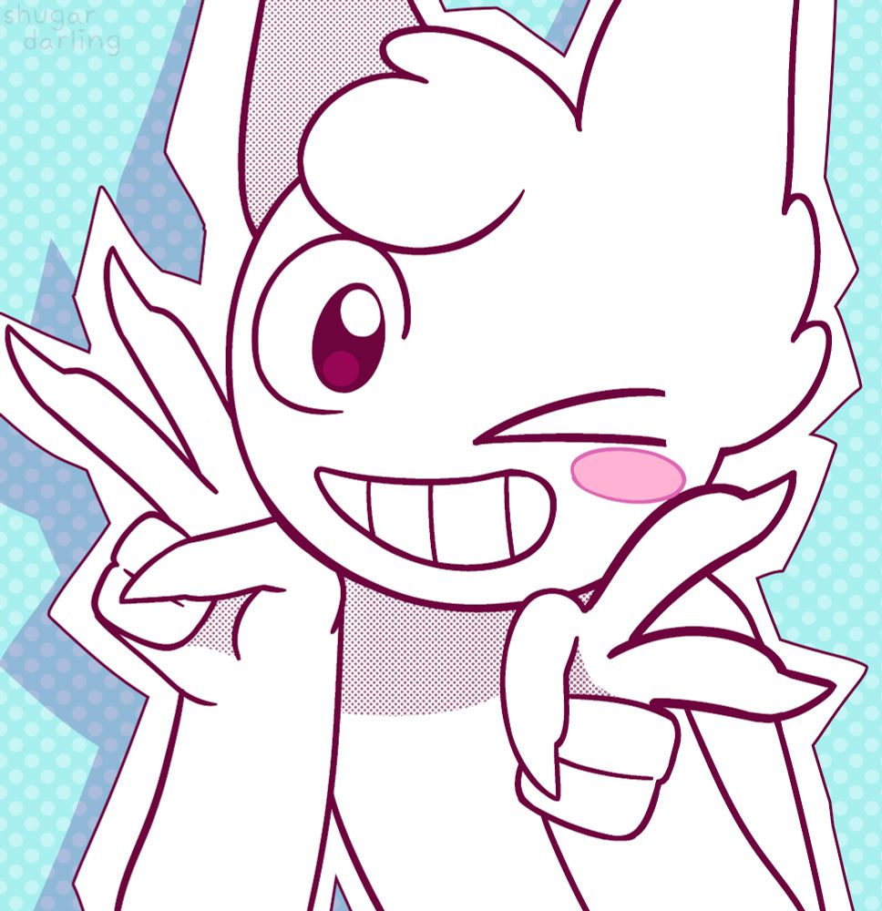  Insomniae's character putting up peace signs, winking
