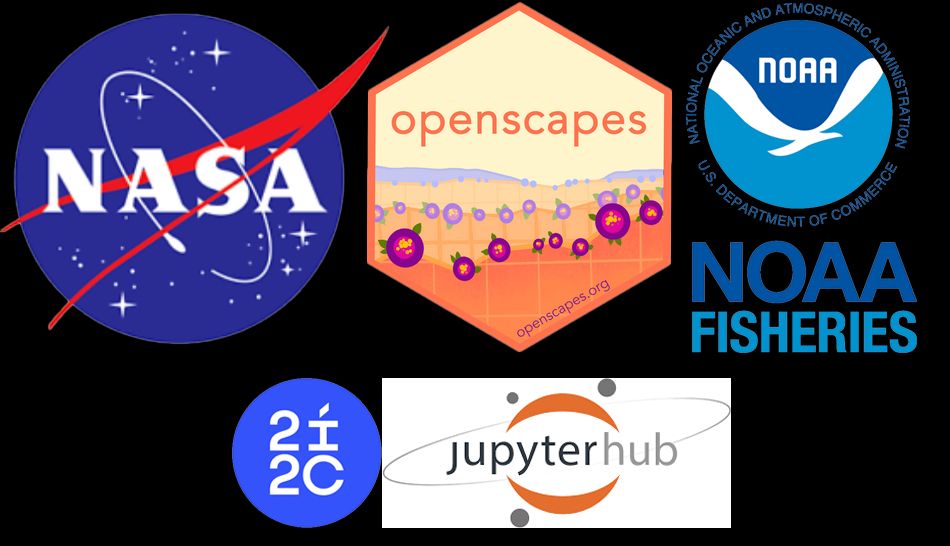 A composite of the Openscapes logo, the NASA logo, the NOAA fisheries logo, the 2i2c logo, and the JupyterHub logo